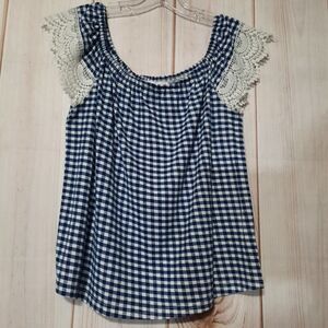 Roommates Shirt Ladies size Medium Blue White Gingham Capped Sleeve Lace‎